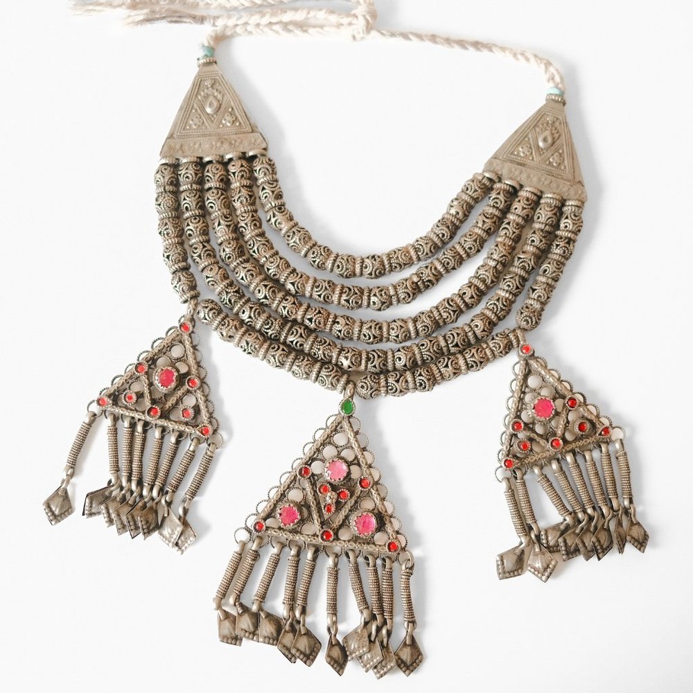 vintage kashmiri beaded multistrand statement necklace w/ jeweled hamsa dangles